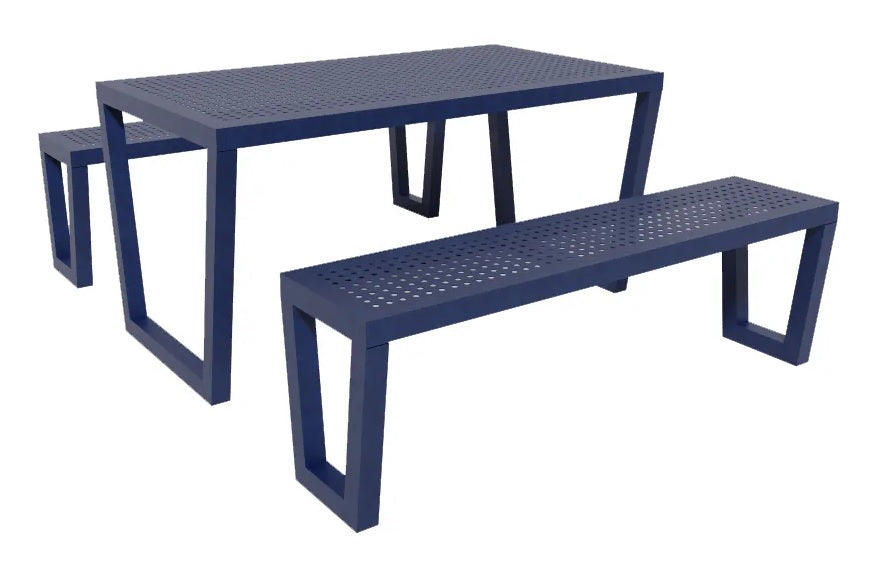 Mesa rectangular para jardín de acero al carbón punzonado, seis personas