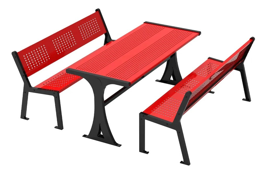 Mesa rectangular para jardín de acero al carbón punzonado, ocho personas