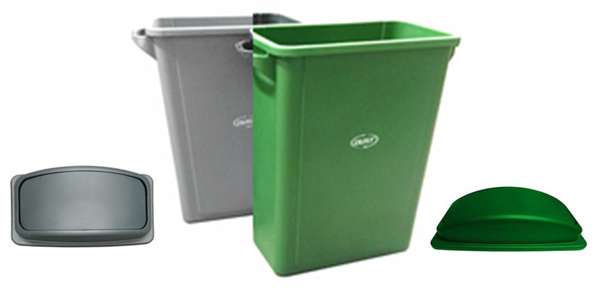 Paquete de 2 botes SLIM DUST de 65 litros con tapa balancín, gris y verde