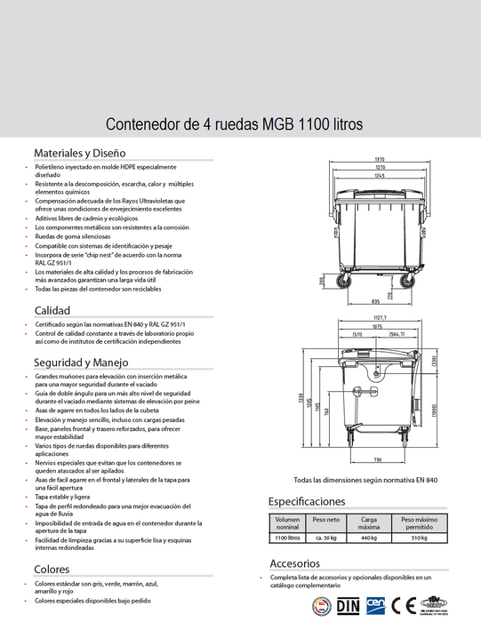 Contenedor DUST alemán modelo MGB para uso rudo 1100 litros